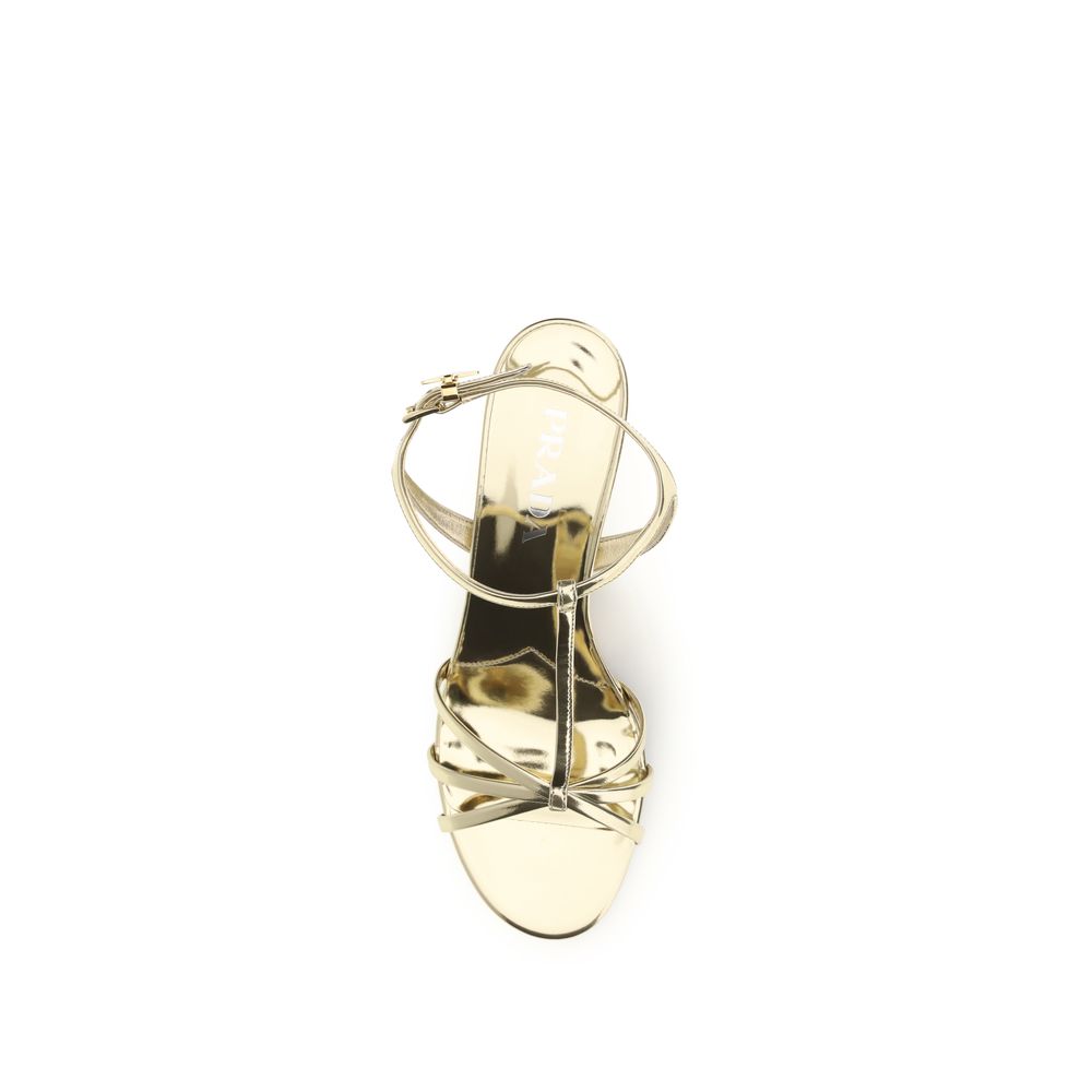 Prada Gold Calf Leather Bos Taurus Keilabsatz-Sandalen