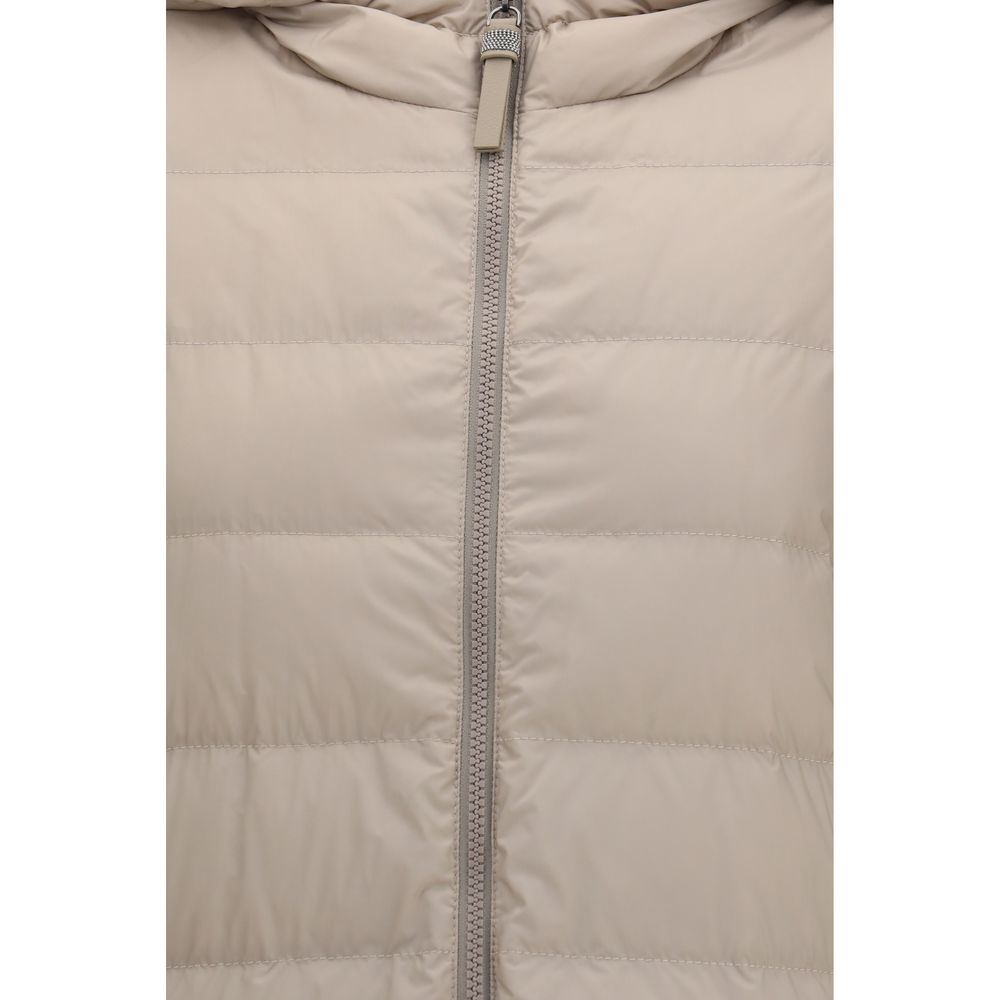 Brunello Cucinelli Grey Long Puffer Jacket with Monili Chain