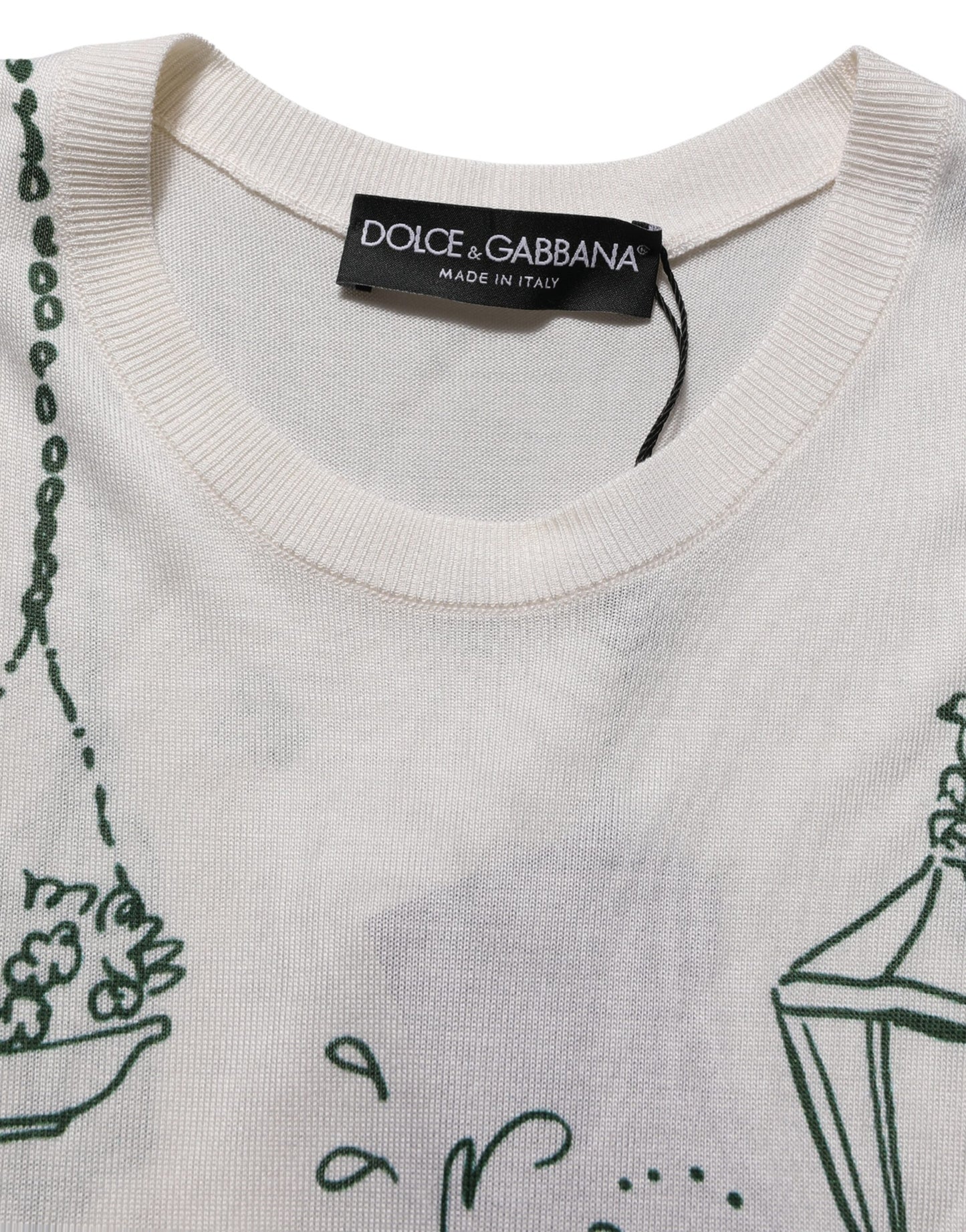 Dolce & Gabbana Weißes Seidenstrick-Top mit „Garden Fountain“-Print