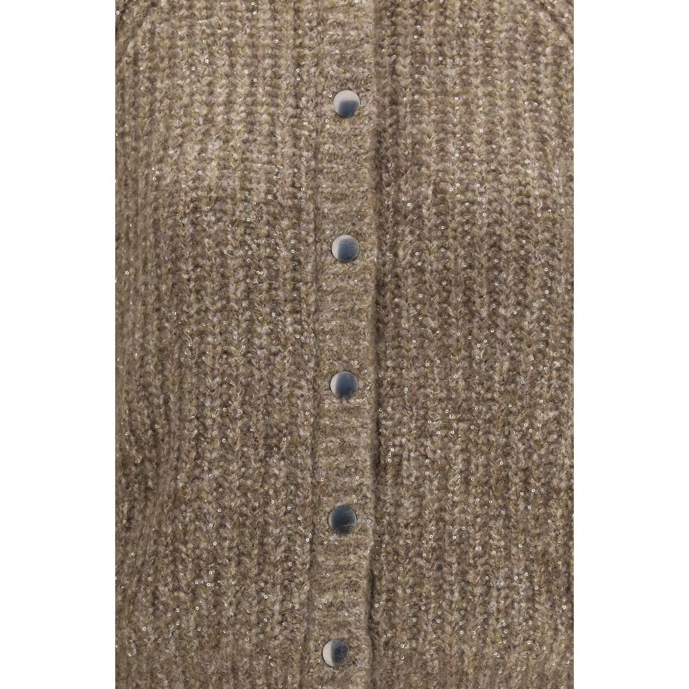 Cardigan marrone in cashmere con paillettes di Brunello Cucinelli