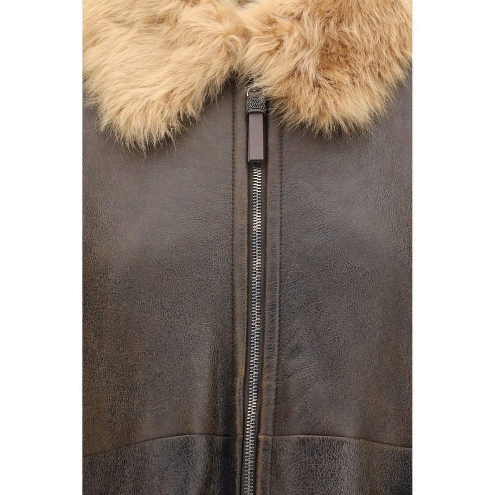 Bomber in pelle di agnello marrone di Brunello Cucinelli