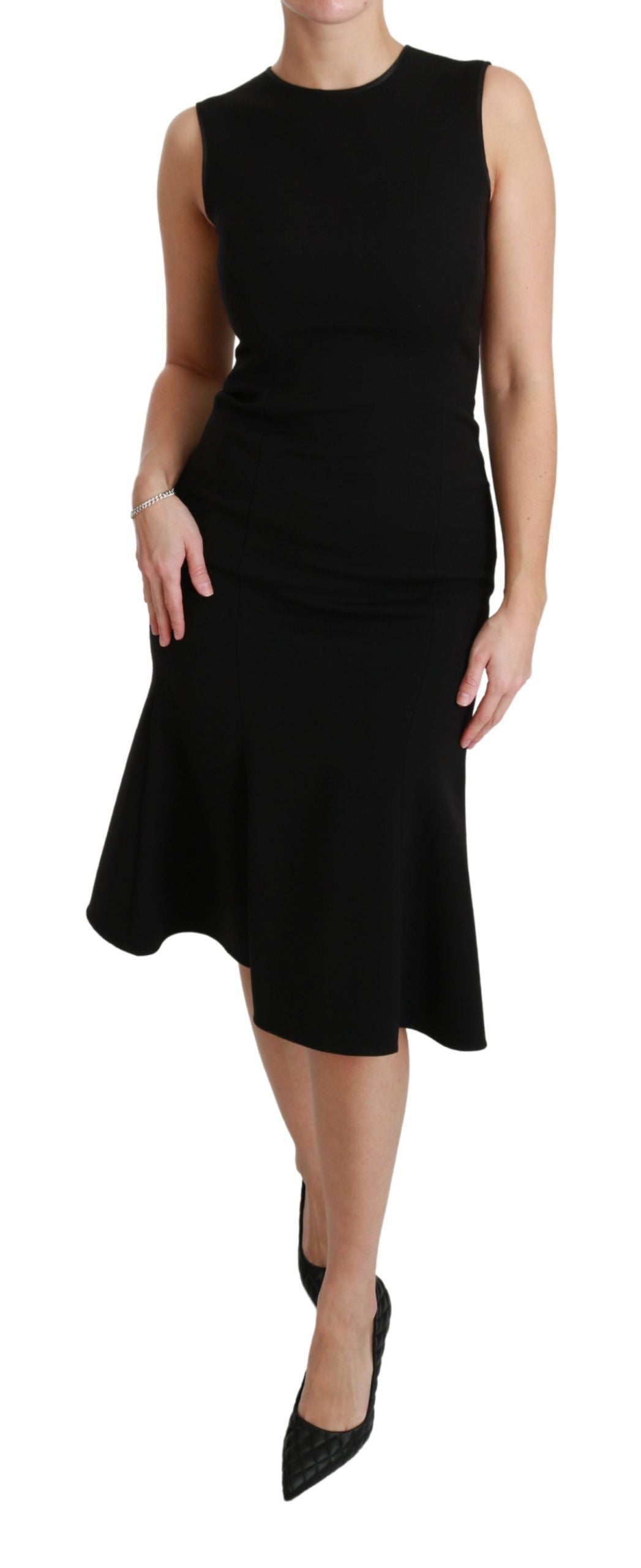 Dolce & Gabbana Schwarzes ausgestelltes Stretch-Scheidenkleid aus Wolle