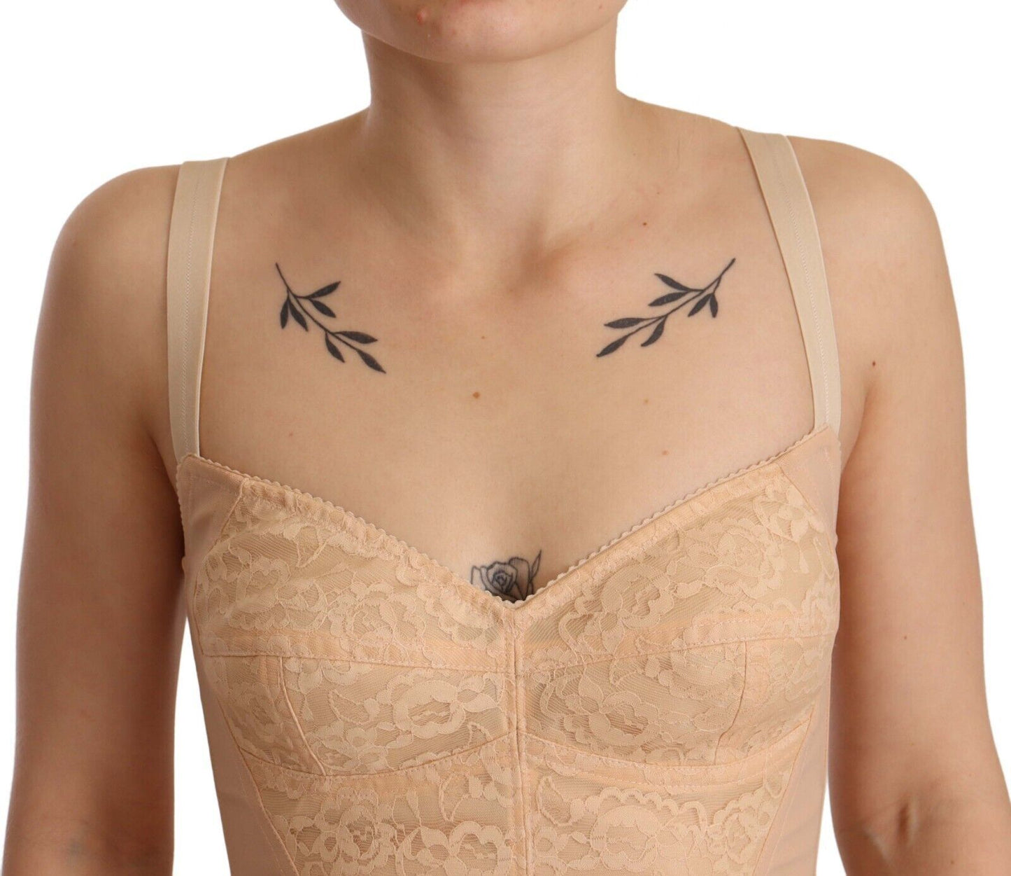 Dolce & Gabbana Beige Nylon Floral Spitze Bodysuit Unterwäsche