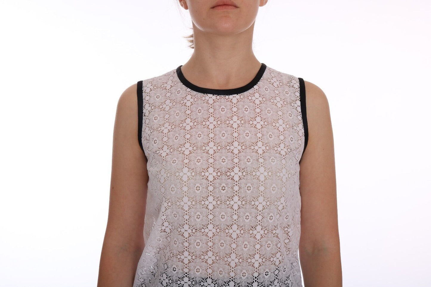 Dolce & Gabbana Weißes geblümtes Nylon-Tank-T-Shirt mit Spitze
