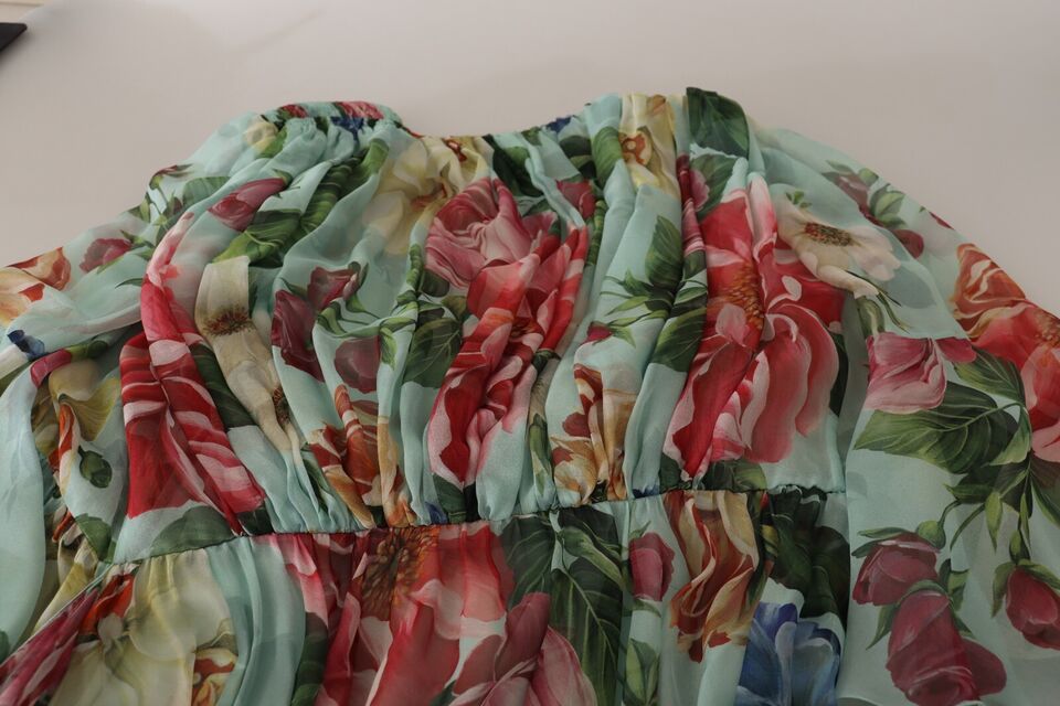 Dolce & Gabbana Multicolor Grün Floral Seiden Wickel Midikleid