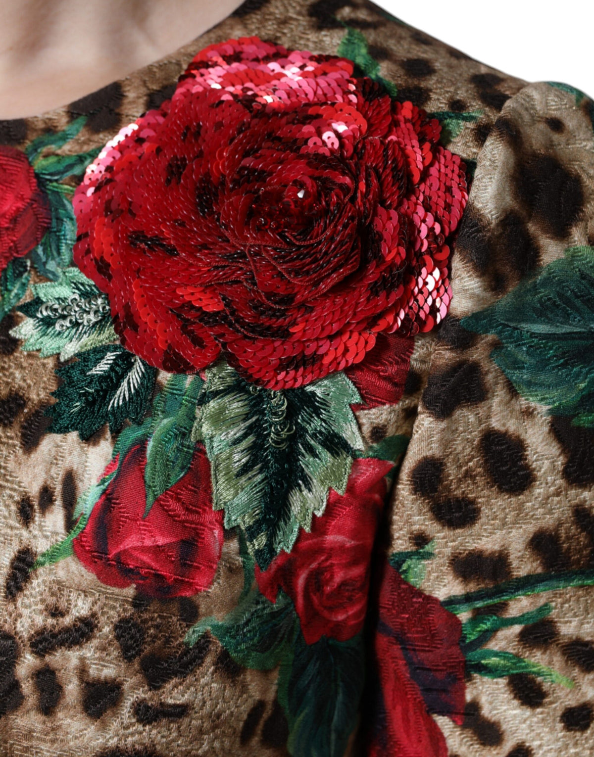 Dolce & Gabbana Braunes A-Linien-Kleid mit Leoparden- und Rosenprint