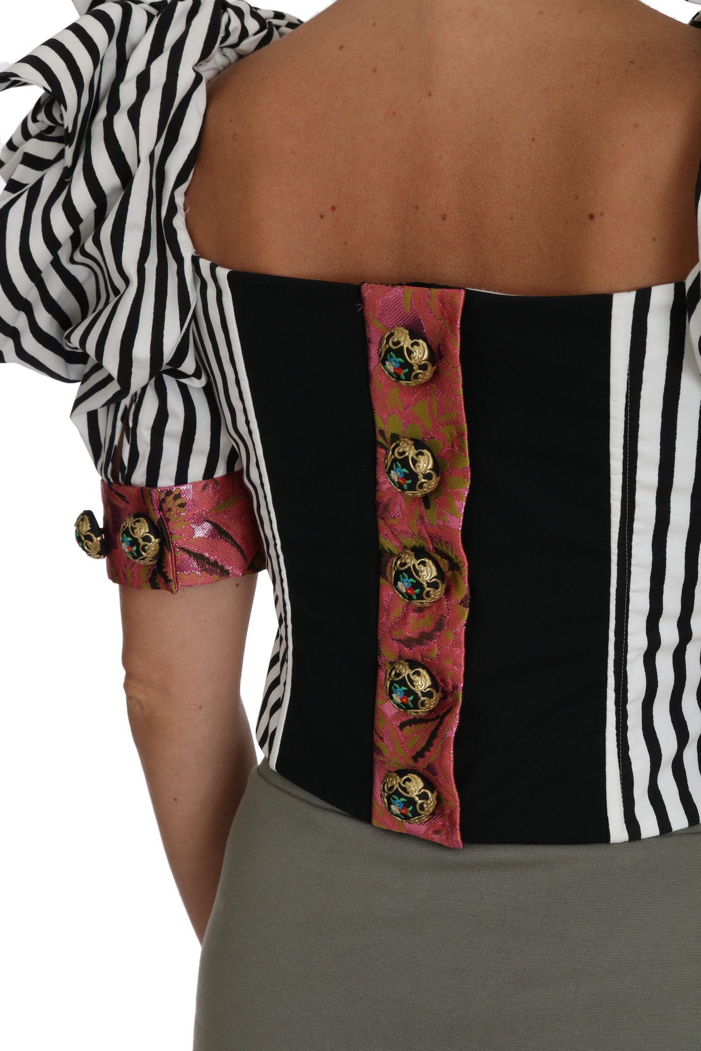 Dolce & Gabbana Weiß Schwarz Gestreiftes Cropped Top Puffärmel Hemden