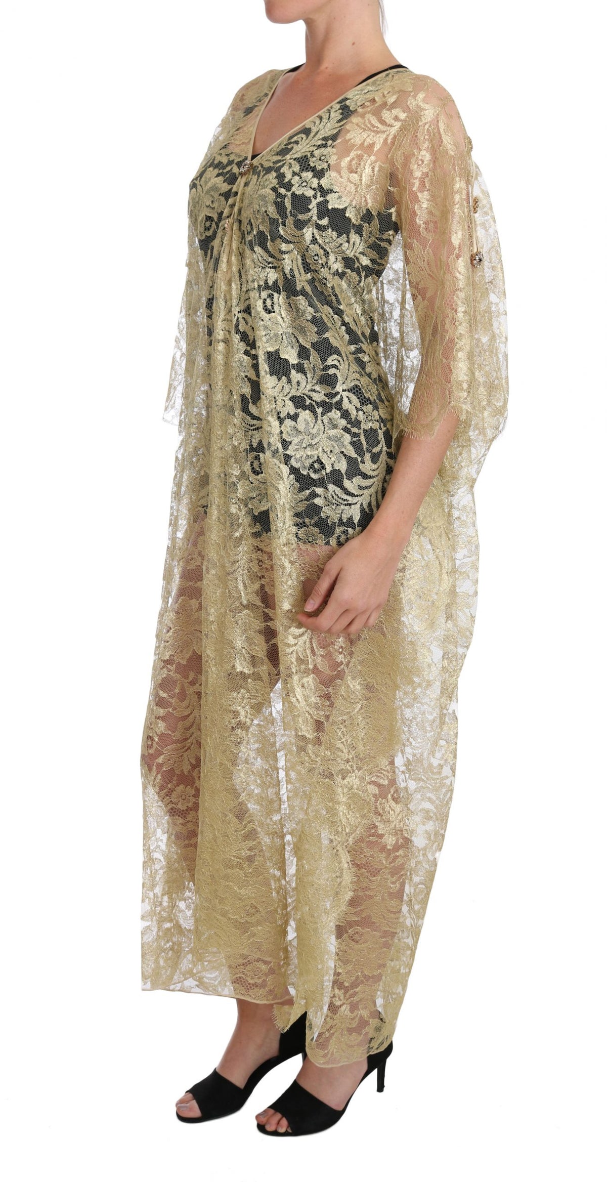 Dolce & Gabbana Goldenes Spitzen-Kaftankleid mit Kristallknöpfen – Produktansicht 5 | Arca Lucia