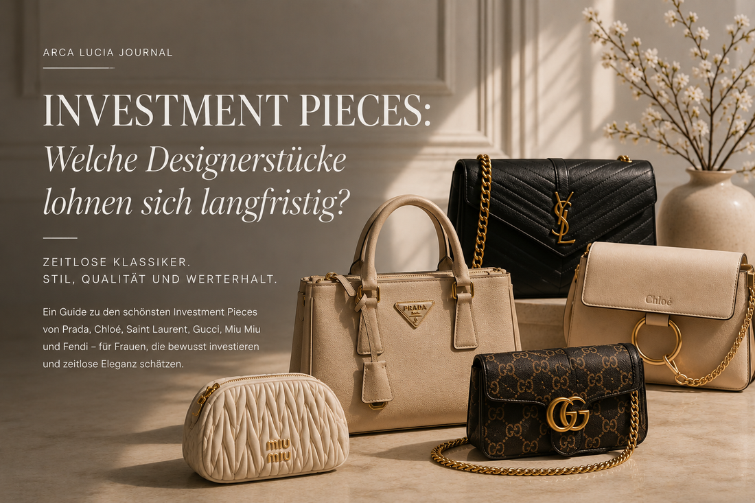 Arca Lucia Luxury Journal Editorial Bild zu Investment Pieces mit Designer-Taschen von Prada, Chloé, Saint Laurent, Gucci und Miu Miu