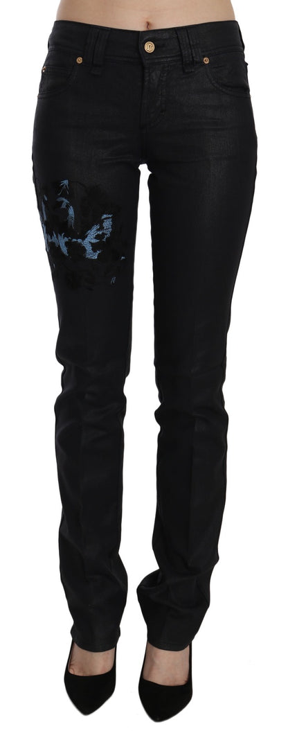 John Galliano Schwarze Schwanenblumen-Stickerei, Mid-Waist Skinny Denim Jeans