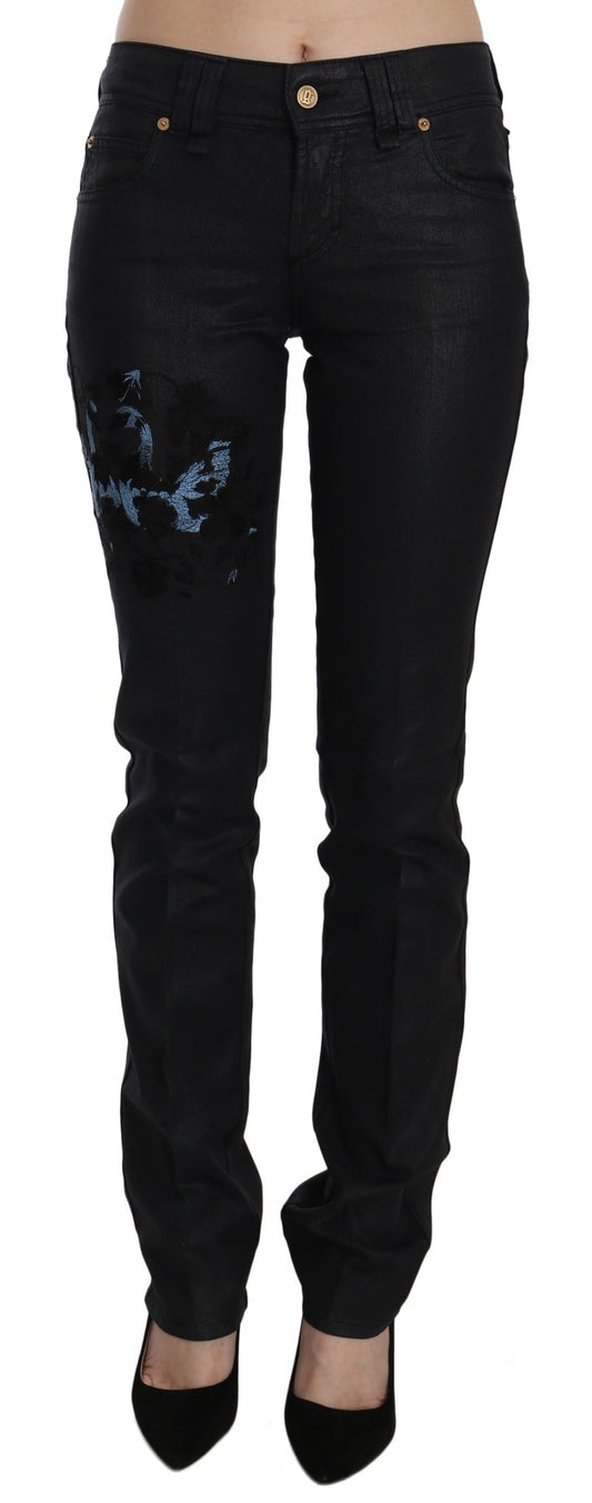 John Galliano Black Swan-Floral Embroidered Mid-Waist Skinny Jeans