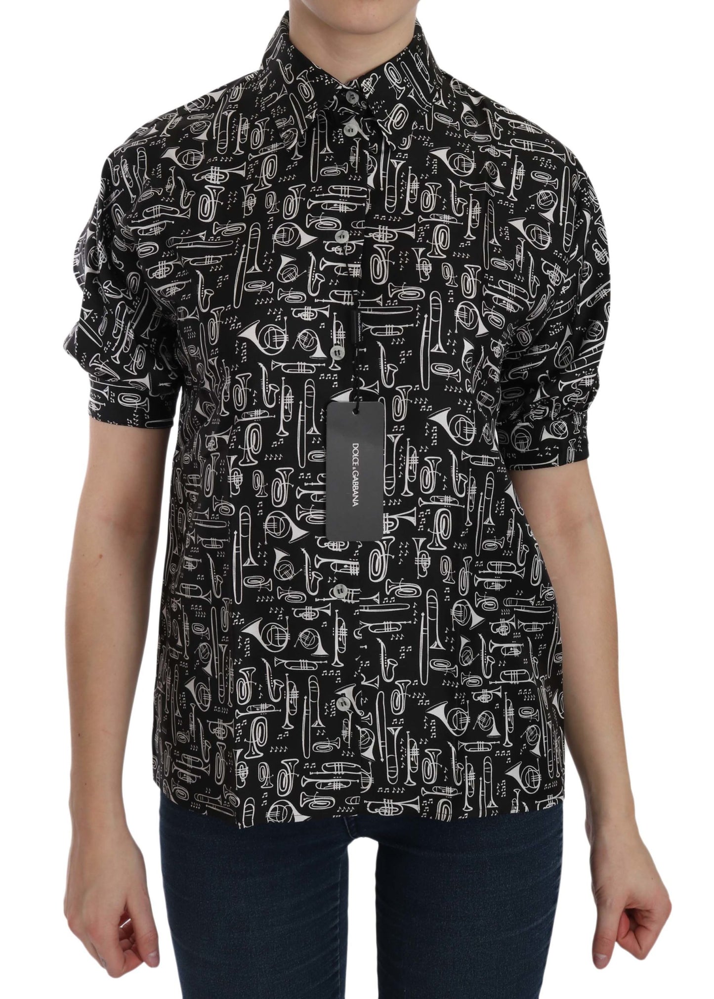 Dolce & Gabbana Schwarzes Musikinstrument Kragenblusenhemd