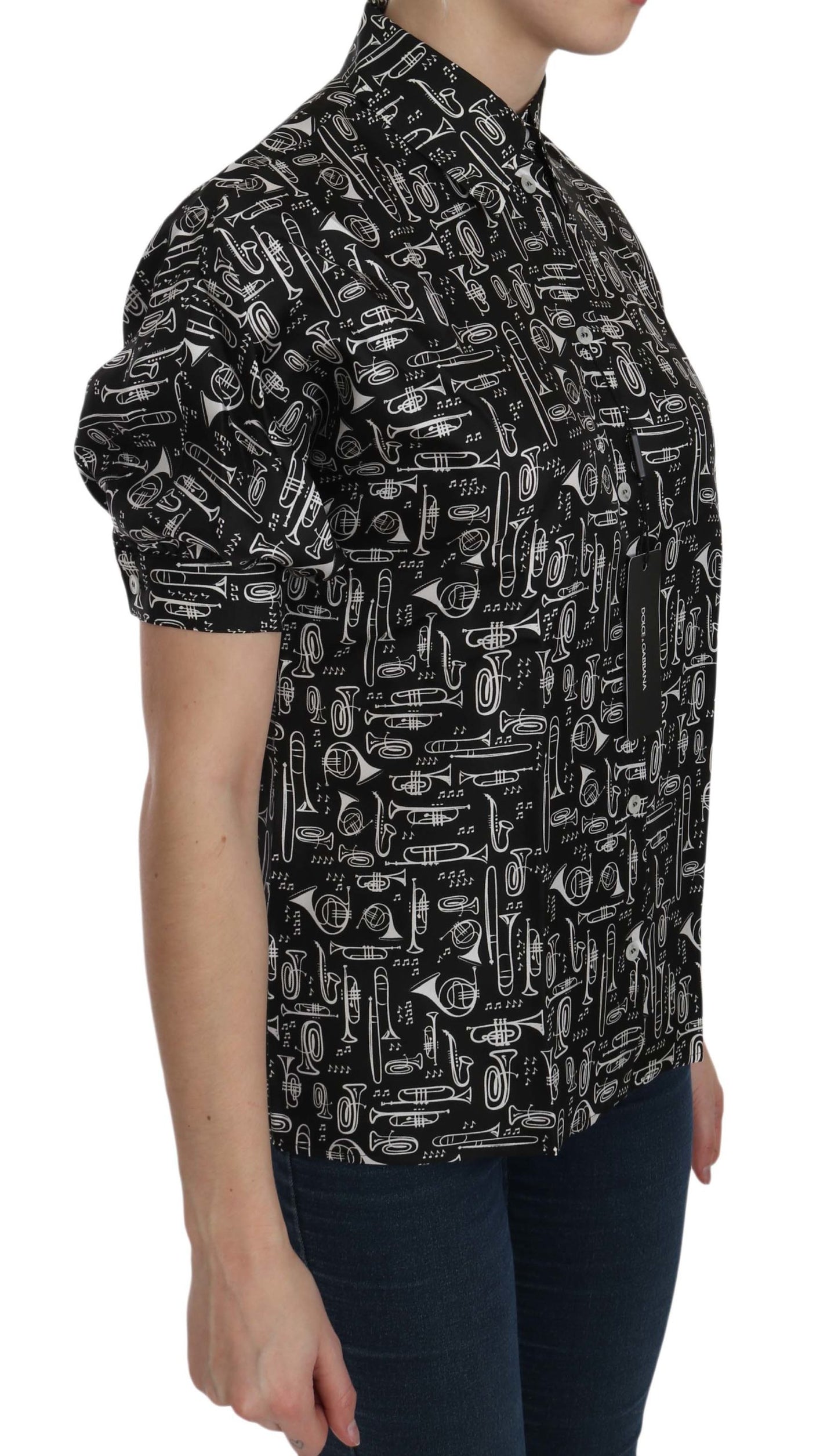 Dolce & Gabbana Schwarzes Musikinstrument Kragenblusenhemd