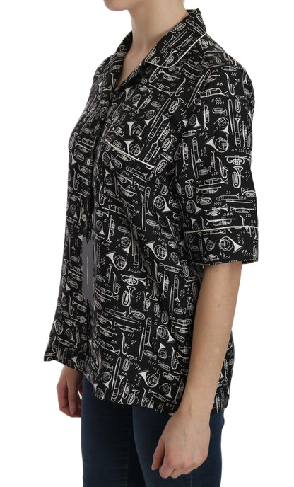 Dolce & Gabbana Schwarzes Seidentop mit Musikinstrumentenaufdruck
