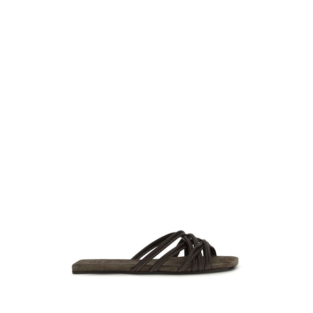 Brunello Cucinelli Braune Kalbsleder Bos Taurus Flache Sandalen
