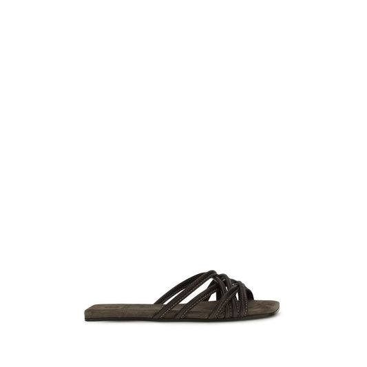 Brunello Cucinelli Braune Kalbsleder Bos Taurus Flache Sandalen