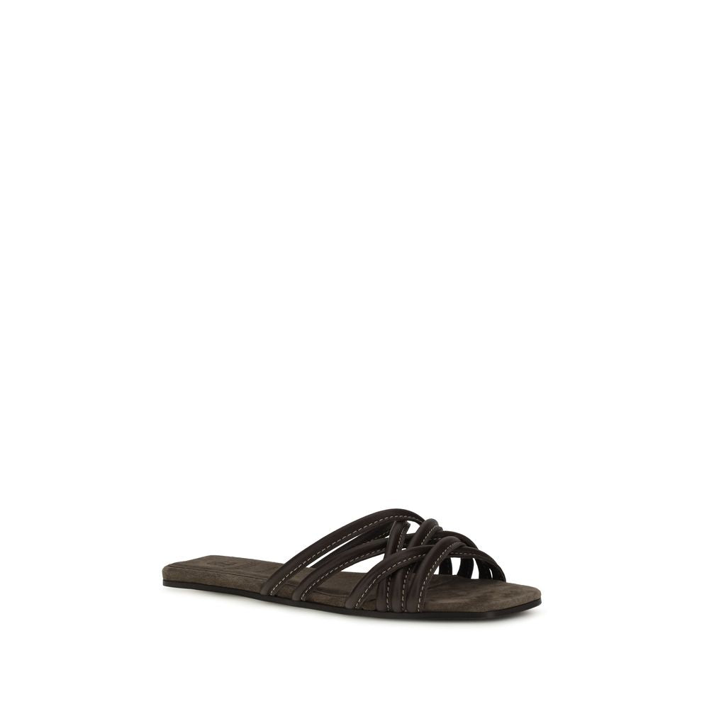 Brunello Cucinelli Braune Kalbsleder Bos Taurus Flache Sandalen