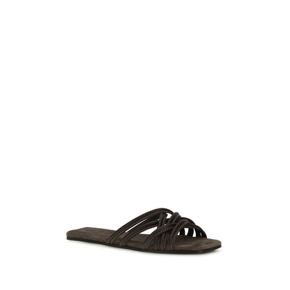 Brunello Cucinelli Braune Kalbsleder Bos Taurus Flache Sandalen