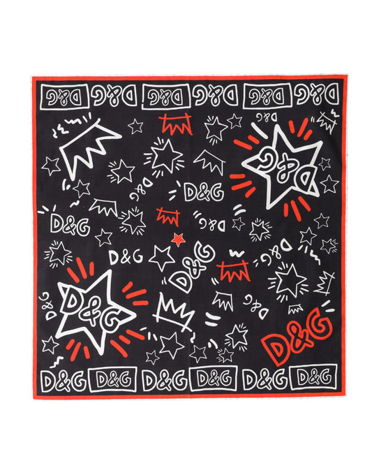 Dolce & Gabbana Schwarzer, weißer und roter DG Crown Baumwoll-Foulard-Schal 47cm x 46cm