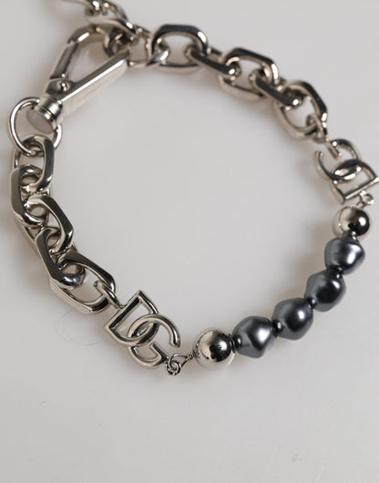Dolce & Gabbana Armband mit silberfarbener Kette, Karabinerverschluss, Logo und grauen Perlen
