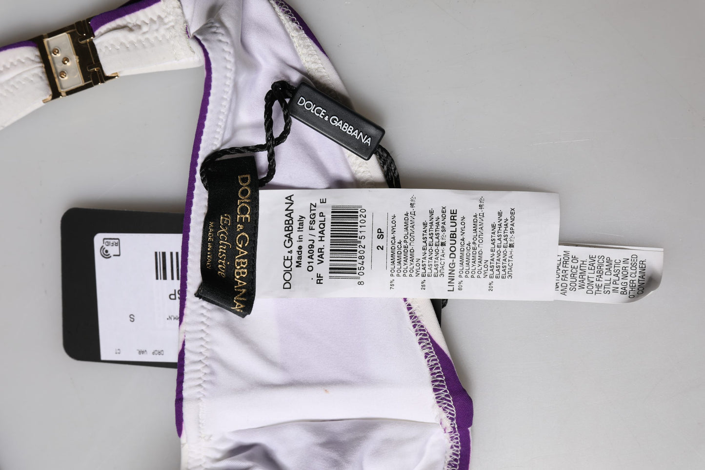 Dolce & Gabbana Violett-weiße Streifen Bandeau-Badeanzug aus Nylon