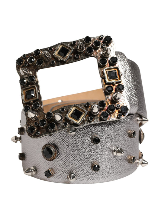Dolce & Gabbana Silver Crystal-Embellished Calf Leather Silver Belt