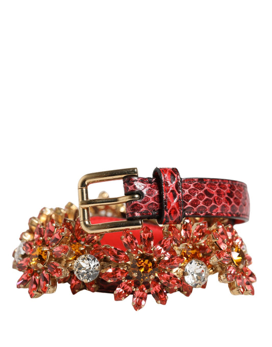 Dolce & Gabbana Red Crystal-Embellished Exotic Leather Brass Belt