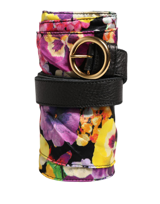 Cavalli Class Multicolor Floral Wide-Waist Leather Belt with Gold-Tone Buckle