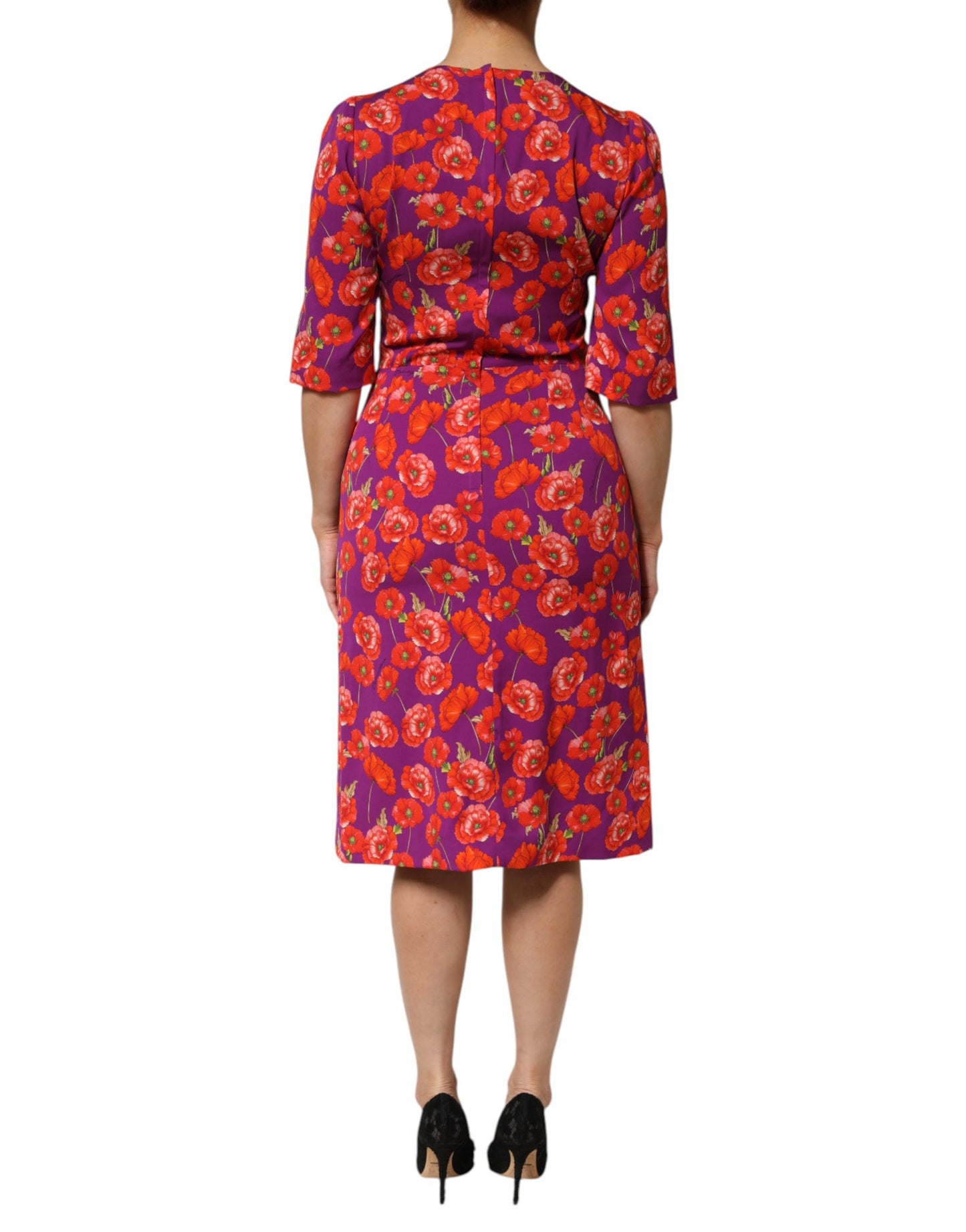 Dolce & Gabbana Lila Seidenkleid mit Blumenprint, Midi-Länge