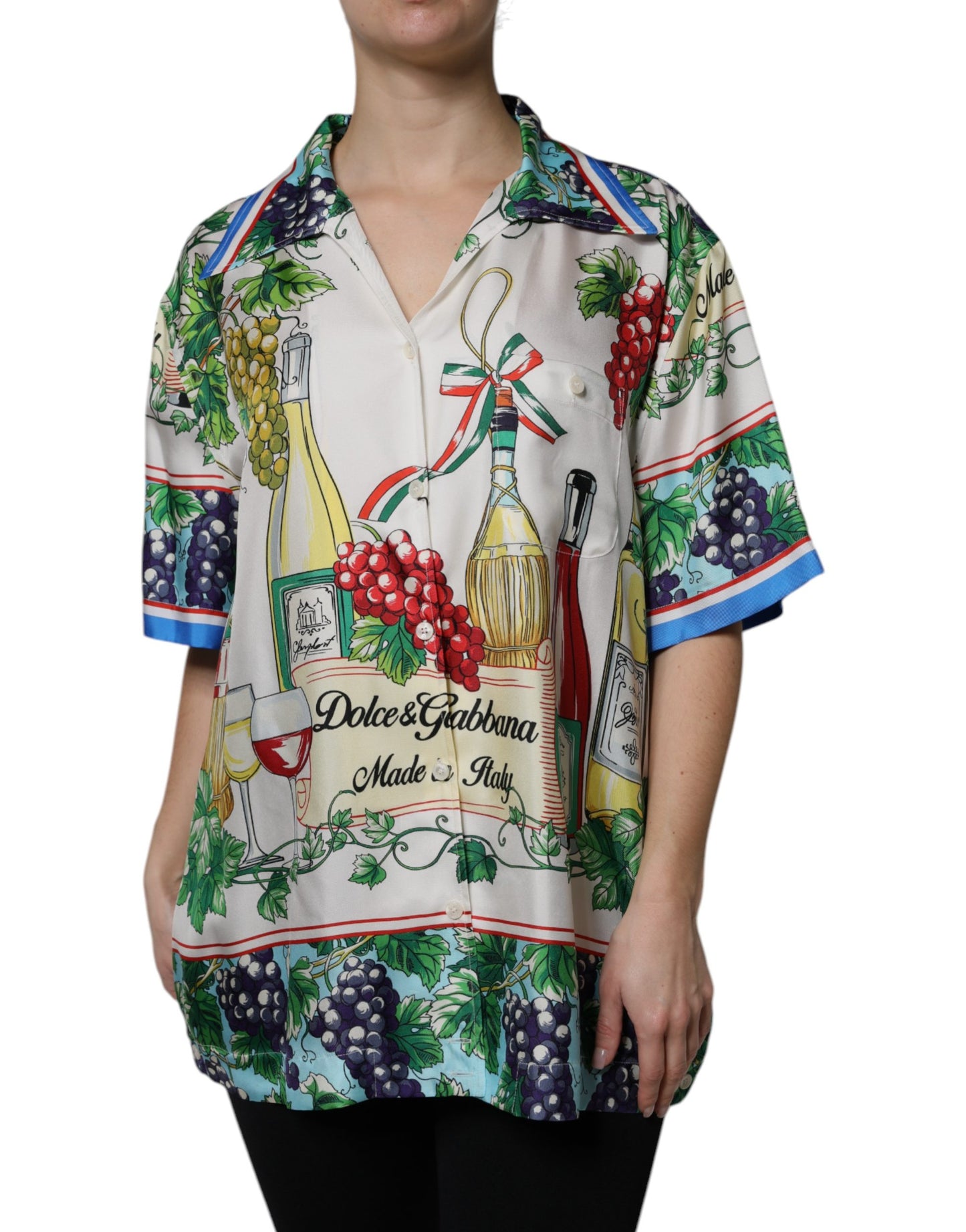 Dolce & Gabbana Kurzärmeliges Seiden-Oberteil mit Multicolor-Food-Print