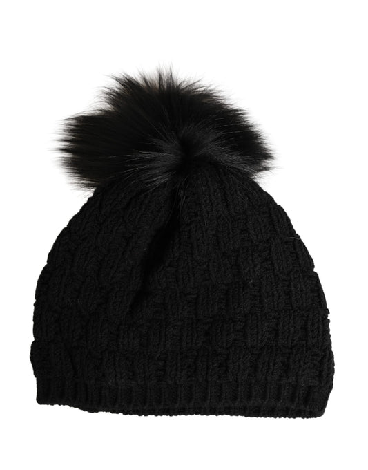 Dolce & Gabbana Schwarze Strickmütze aus Acryl mit Pelzbesatz