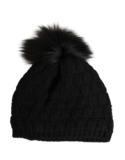 Dolce & Gabbana Schwarze Strickmütze aus Acryl mit Pelzbesatz