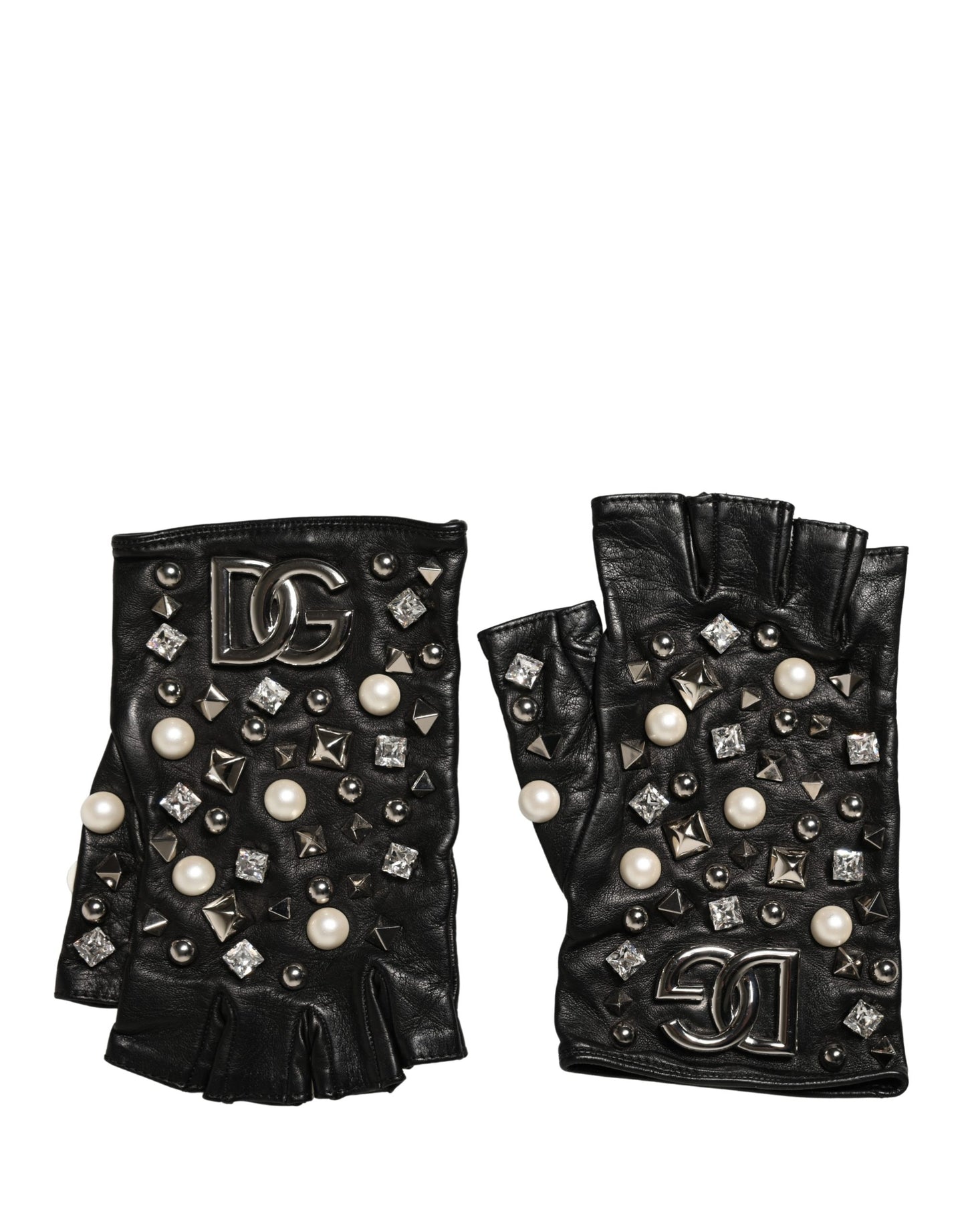 Dolce & Gabbana Schwarze Perlenbesetzte Handschuhe in Handgelenklänge