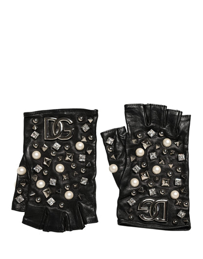 Dolce & Gabbana Schwarze Perlenbesetzte Handschuhe in Handgelenklänge