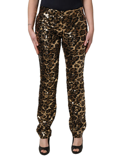 Dolce & Gabbana Gold-farbene Hose mit Leopardenmuster und Pailletten