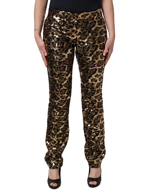 Dolce & Gabbana Goldfarbene Pailletten-Hose mit Leopardenmuster