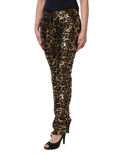 Dolce & Gabbana Gold-farbene Hose mit Leopardenmuster und Pailletten
