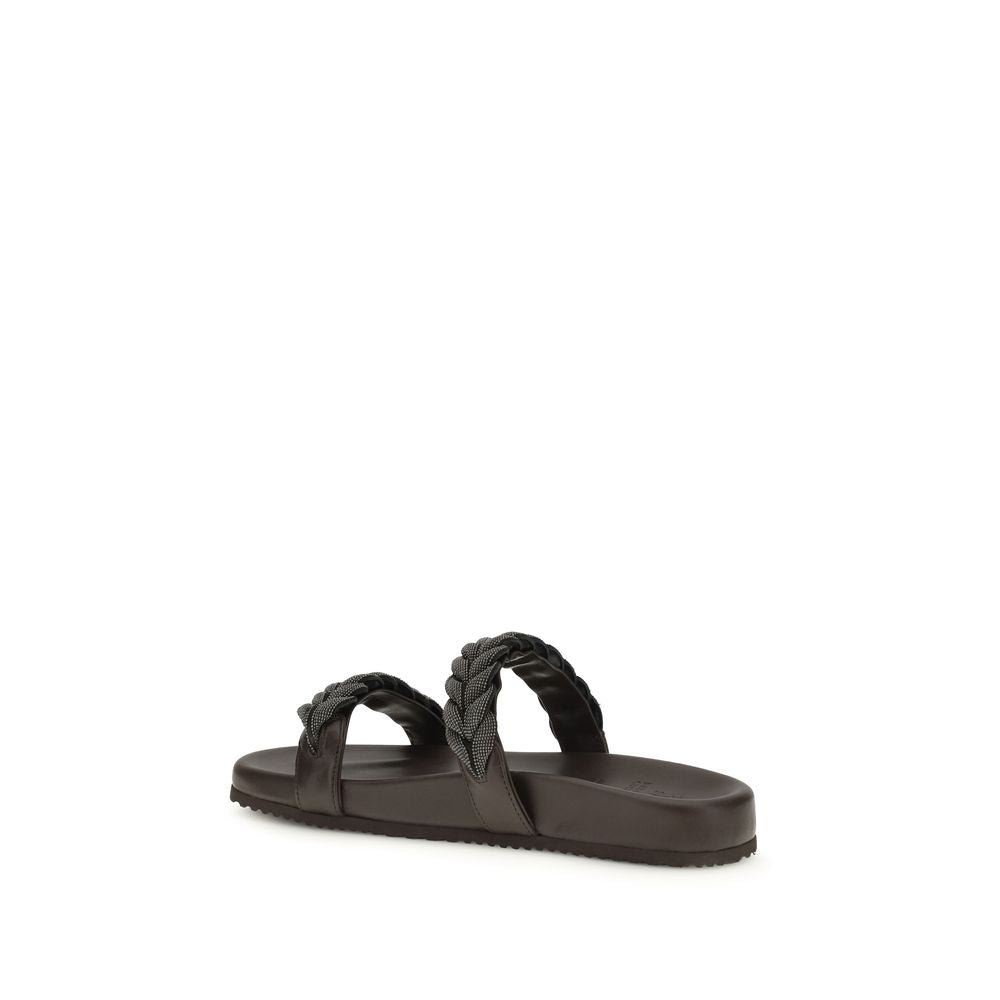 Brunello Cucinelli Braune Kalbsleder Bos Taurus Flache Sandalen