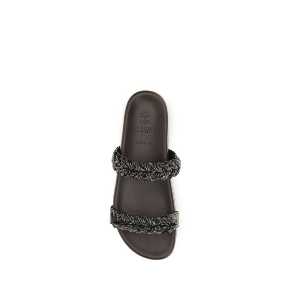 Brunello Cucinelli Braune Kalbsleder Bos Taurus Flache Sandalen