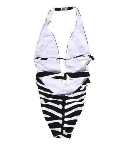 Dolce & Gabbana Schwarz-weißer Zebra-Badeanzug mit tiefem V-Ausschnitt