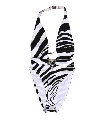Dolce & Gabbana Costume Intero Zebra Nero e Bianco con Scollo Profondo