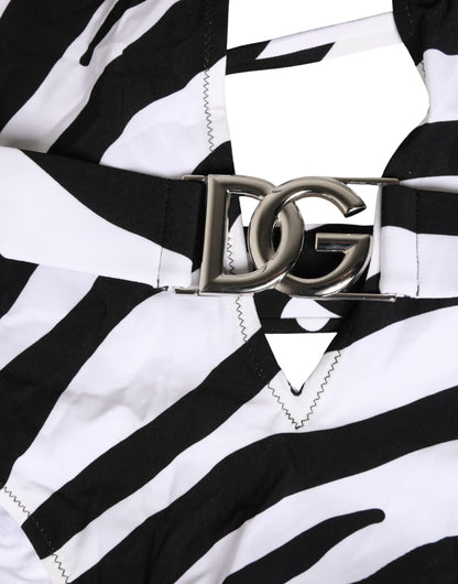 Dolce & Gabbana Schwarz-weißer Zebra-Badeanzug mit tiefem V-Ausschnitt