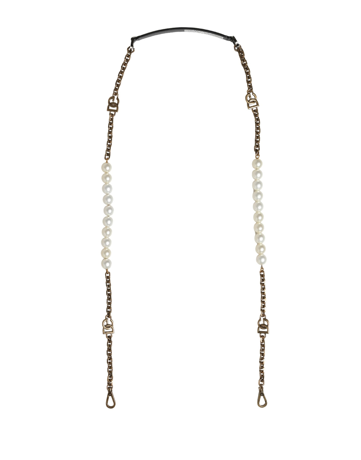 Dolce & Gabbana Schwarzer Leder-Schultergurt mit Goldkette und Perlen