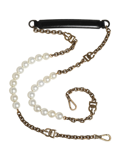 Dolce & Gabbana Schwarzer Leder-Schultergurt mit Goldkette und Perlen