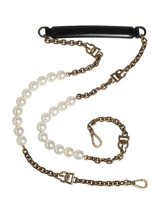 Dolce & Gabbana Schwarzer Leder-Schultergurt mit Goldkette und Perlen