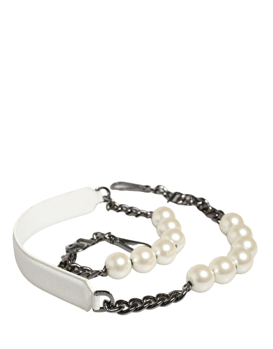 Dolce & Gabbana Weißer Leder-Schultergurt mit Silberkette und Perlen