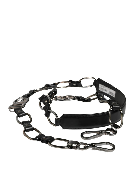 Dolce & Gabbana Schwarzer Leder-Schultergurt mit Silberkette