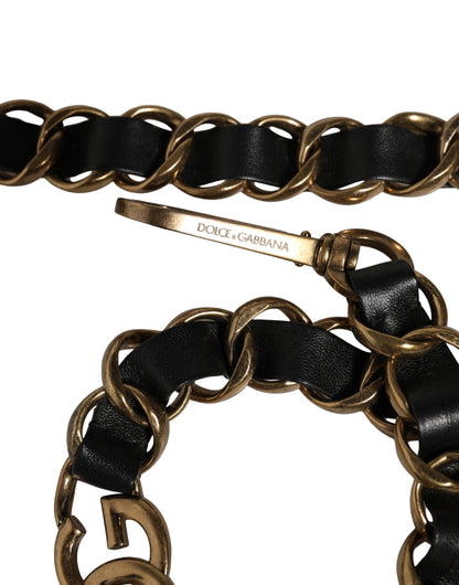 Dolce & Gabbana Schwarzer Leder-Schultergurt mit Goldkette