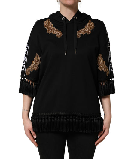 Dolce & Gabbana Schwarzer Kapuzenpullover mit Stickerei und Quasten