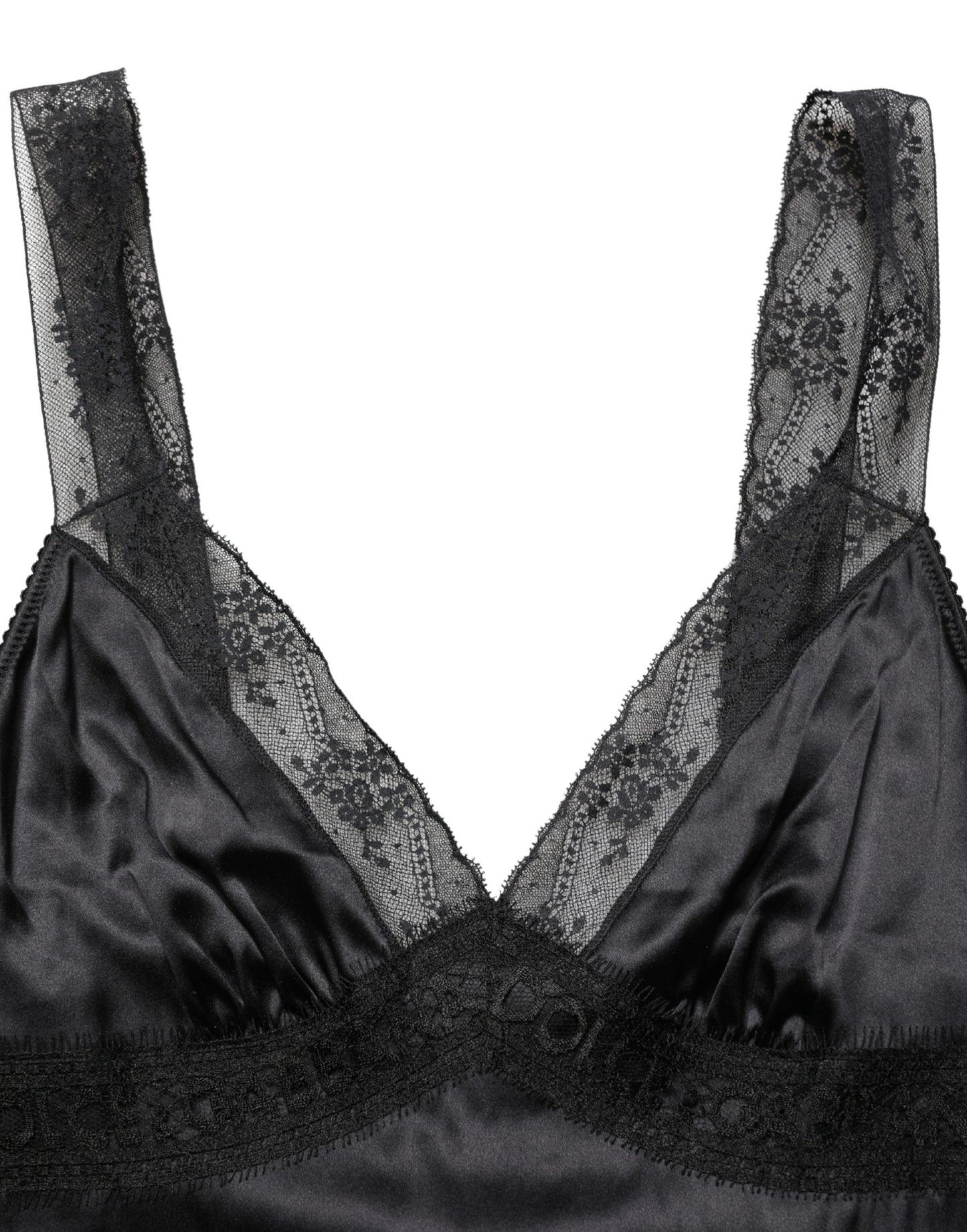Dolce & Gabbana Schwarzes Seiden-Camisole mit Spitzenbesatz und V-Ausschnitt